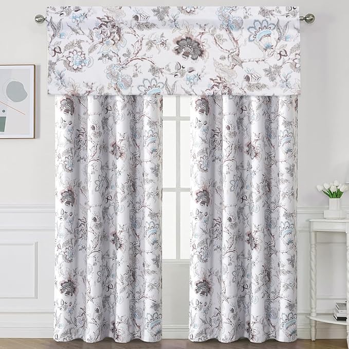 H.VERSAILTEX Blackout Curtain Valances for Kitchen Window/Living Room/Bathroom Privacy Added Rod Pocket Home Decoration Winow Valance, 52" W x 18" L, Floral in Brown and Soft Teal