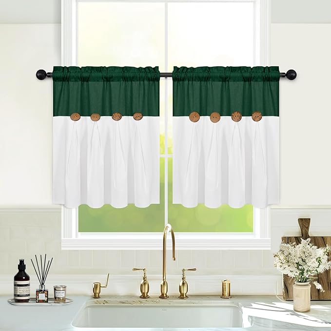 FRAMICS Boho Kitchen Curtains 24 Inch Length, Farmhouse Cotton Linen Tier Curtain, Rustic Button Short Curtains for Windows, Green Country Cafe Drapes, Rod Pocket, Green and White, 26x24