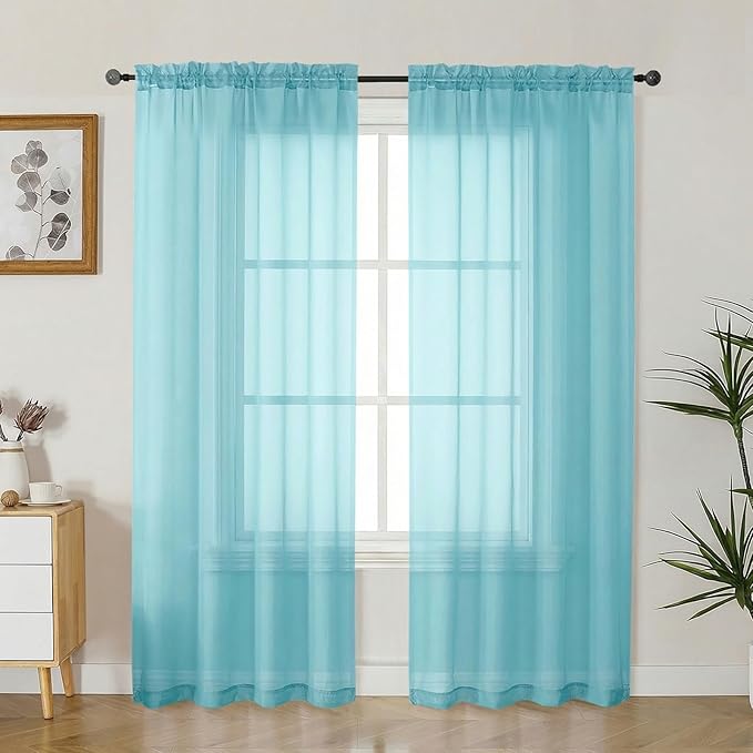 Gwine Sheer Curtains 72 Inch Length - Light Filtering Rod Pocket Window Curtain Panels for Bedroom, Elegant Soft Voile Living Room Sheer Drapes, Each 42Wx72L, 2 Panels, Aqua