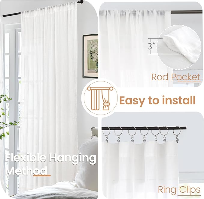 BGment White Semi Sheer Linen Curtains 63 Inch Length for Bedroom 2 Panels Set - Textured Light Filtering Drapes with Rod Pocket Lightweight Window Treatments for Living Room, 52 X 63 Inch