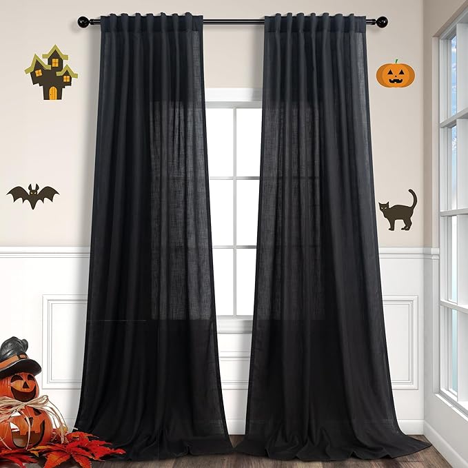 Black Long Drapes 108 Inch Length for Living Room 2 Panels Set Hidden Tab Loop Pocket Sheer Minimalist Black Linen Curtain for Bedroom Patio Door Cottage Cabin Noir Negras Accent Decor