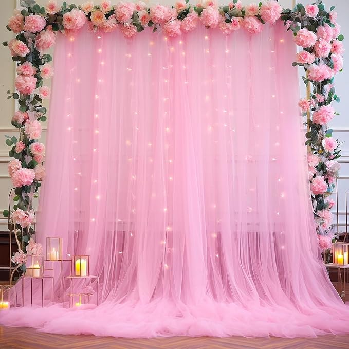 20ft x 15ft Pink Tulle Backdrop Curtain for Baby Shower Party Sheer Fabric Backdrop Curtains for Girls Birthday Gender Reveal Back Drop Wedding Photo Backdrop Drapes Background 4 Panels 5ft x 15ft