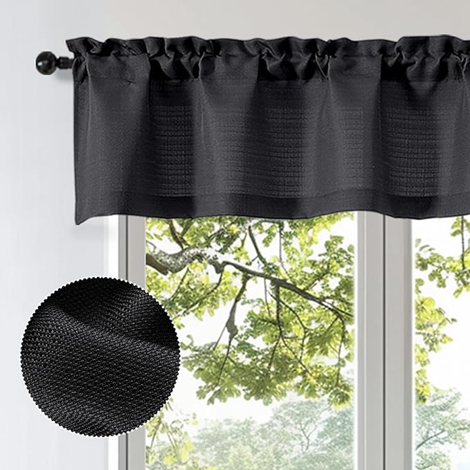 OWENIE Bob 1 PCS Black Valances for Windows, Faux Linen Textured Kitchen Window Curtains Valance for Bedroom Living Room, Modern Soft Airy Solid Rod Pocket Bathroom Cafe Curtain, 60Wx22L Inch