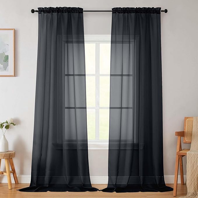 Black Sheer Curtains for Bedroom Living Room 96 Inches Long 2 Panels, Modern Airy Soft Lightweight Rod Pocket Light Filtering Sheer Curtains Drapes, Black, Each 42" Wx96 L Inch