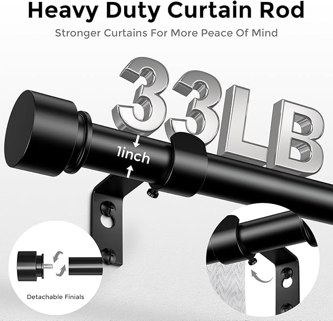 2 Pack Curtain Rods for Windows 30 to 56 Inch, Black Modern 1 Inch Window Treatment Rods with Black End Cap Finials, Decorative Adjustable Heavy Duty Easy Install Drapery Rods for Bedroom