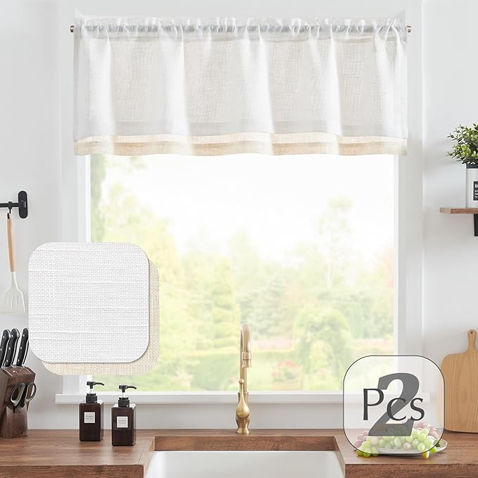 jinchan Linen Farmhouse Valances for Living Room Windows 16 Inch Slubbed Crossed Double Layer Window Valances Light Filtering Rustic Country Overlay Rod Pocket 2 Panels White