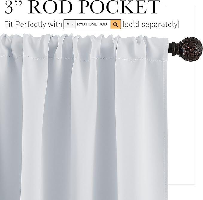 RYB HOME Short Curtains for Small Window, Sunmmer Heat Light Blocking Privacy Protection Curtains for Sunroom Laundry Room Stair Window, Width 52 by Length 36, Greyish White, Set of 2