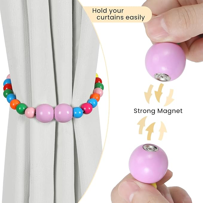 KLOGTSIND Magnetic Curtain Tiebacks, 2 Pack Curtain Holdbacks for Draperies, Wood Bead Curtain Tiebacks, Elegant Curtain Tie Backs for Bedroom Decor, Boho Room Decor, Nursery Decor, Farmhouse Decor