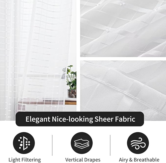 SpaceDresser Check Sheer Curtains 90 Inches Long for Living Room, Rod Pocket Plaid Semi Sheer Drapes for Kitchen Bedroom（White, 52W x 90L）