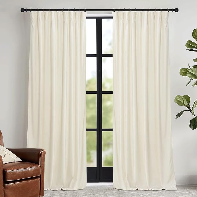 RYB HOME Cream Velvet Curtains 108 inch, Light Dimming White Window Curtains for Living Room Thermal Insulated Privacy Backdrop with Pleat Tape on Top for Bedroom, Ivory, W52 x L108 inch, 2 Panels