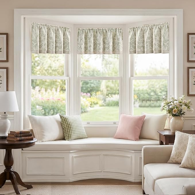 jinchan Linen Valance Curtain Farmhouse Floral Printed Small Window Curtain for Kitchen Rustic Country Light Filtering Valance for Living Room Bedroom 16 Inch Rod Pocket 1 Panel Sage Green on Beige