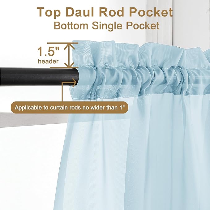 Chyhomenyc Sky Blue Sheer Curtains 30 inch Length 2 Panels, Light Filtering Voile Rod Pocket Short Window Curtians for Bathroom Living Room Farmhouse Small Windows, 42Wx30L inches
