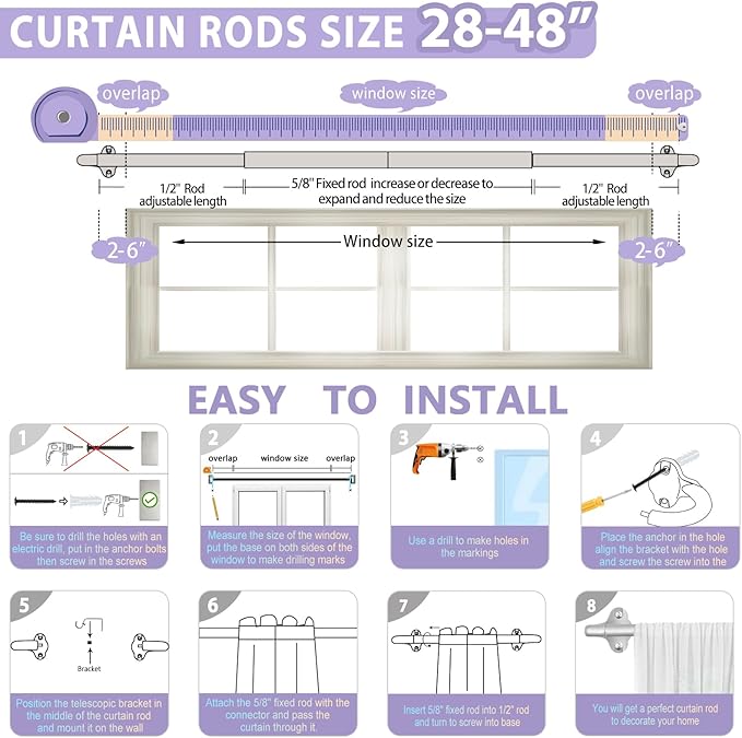 TVWOO Silver Wrap Around Curtain Rods:5/8 Inch Blackout Adjustable Window Curtain Rod for Bedroom Kitchen Apartment Renter Friendly,Room Darkening Curved Drapery Rods Easy Install,Antique Brown 28-48"