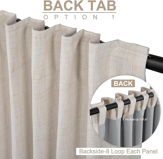 100% Blackout Shield Linen Blackout Curtains for Bedroom 102 Inches Long, Back Tab/Rod Pocket Living Room Drapes, Thermal Insulated Blackout Curtains 2 Panels Set, 50" W x 102" L,Cream