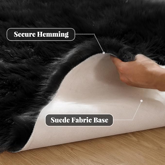 ORINOVA Black Faux Sheepskin Washable Fluffy Fur Rugs for Bedroom Fuzzy Nursery Rug 3x5 Rectangle Rug Cute Room Home Décor