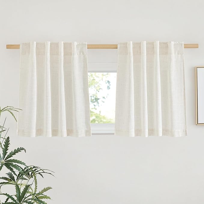 NICETOWN Natural Linen Kitchen Curtains 24 inches Long, Rod Pocket & Back Tab Semi Sheer Flax Window Treatments Rustic & Cute for Cafe/Nursery, W29 x L24, 2 Panels