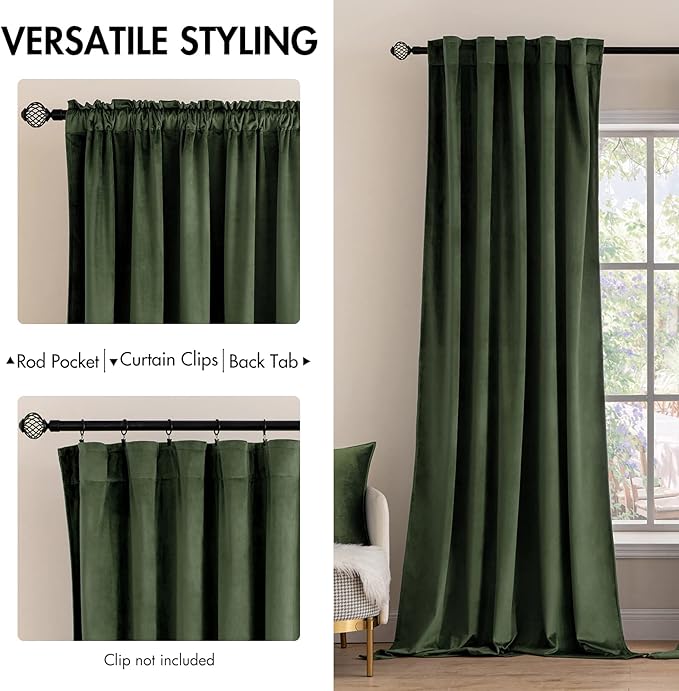 MIULEE Velvet Curtains 80 inches - Luxury Blackout Curtains for Bedroom Living Room Thermal Insulated Super Soft Window Drapes Rod Pocket & Back Tab, Olive Green, W52 x L80 inches, 2 Panels