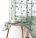 HOMEIDEAS Sage Green Sheer Curtains 52 X 84 Inches Long 2 Panels Embroidered Leaf Pattern Pocket Faux Linen Floral Semi Sheer Voile Window Curtains/Drapes for Bedroom Living Room