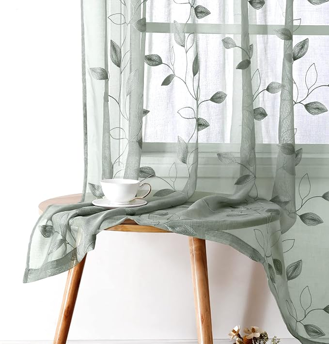 HOMEIDEAS Sage Green Sheer Curtains 52 X 84 Inches Long 2 Panels Embroidered Leaf Pattern Pocket Faux Linen Floral Semi Sheer Voile Window Curtains/Drapes for Bedroom Living Room