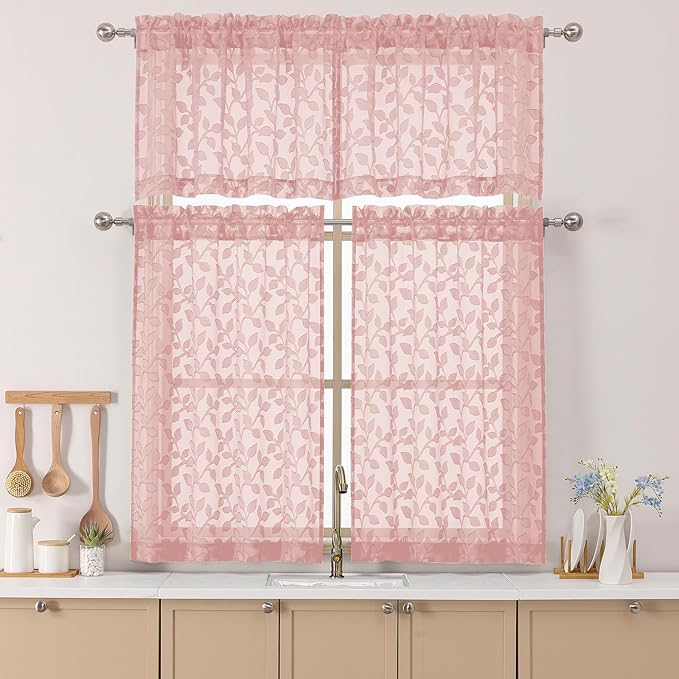 Chyhomenyc Blush Pink Sheer Valances for Windows 18 Inch Length 2 Pcs, Light Filtering Leaf Textured Cafe Short Kitchen Curtains, Top Small Curtain for Living Room Bedroom Basement, 42" W x 18" L