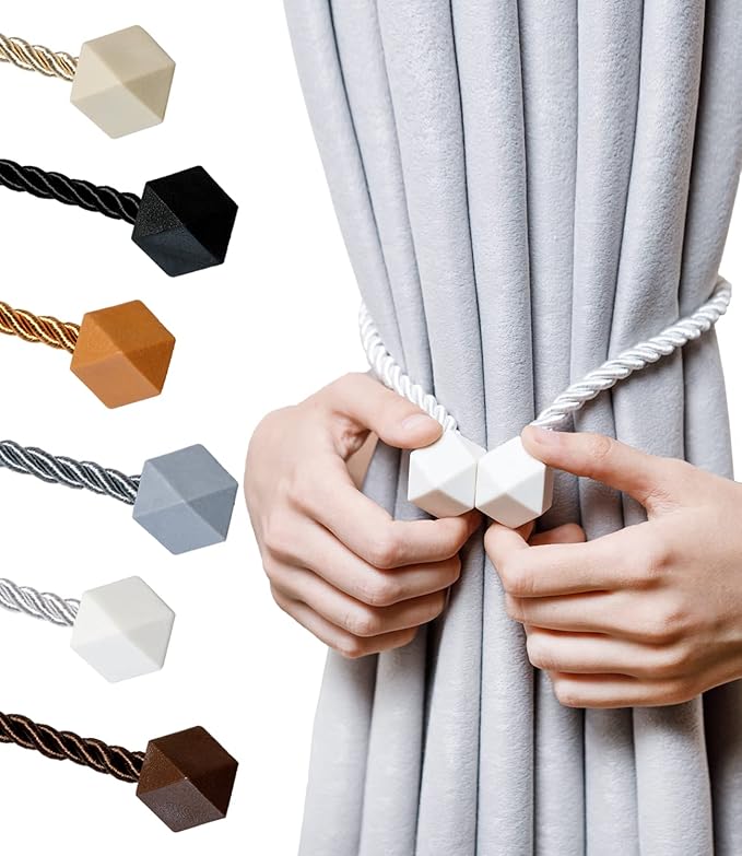 NazTur Magnetic Curtain Tiebacks- Upgrade 2022 with a Thicker Twist Rope & Strong Magnet Tieback Window Treatment Holdbacks Draperies Holders Decorative Drape Handmade Tie Back (White, 4)