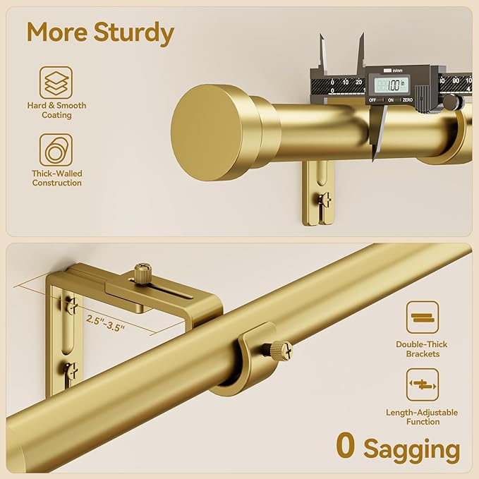 YaFex Curtain Rods 32-118 Inch, Heavy Duty 1 Inch Adjustable Curtain Rod for Windows, Gold Long Window Treatment Rods, Modern Design, Easy Installation