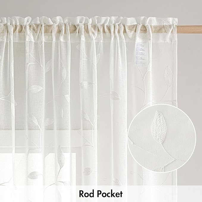 MIULEE Ivory Sheer Curtains 2 Panels Embroidered Leaf Patterned Rod Pocket Floral Semi Sheer Faux Linen Window Curtains Drapes Set for Living Room Bedroom Dining Room, 52x96 Inches Long