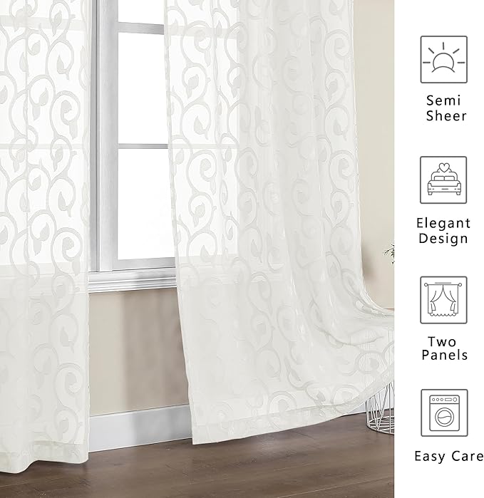 OWENIE Furman Ivory Sheer Curtains 96 inches Long for Bedroom Living Room 2 Panels Set, Light Filtering Soft Semi Sheer Jacquard Clip Farmhouse Curtains Rod Pocket Design, 40Wx96L inch