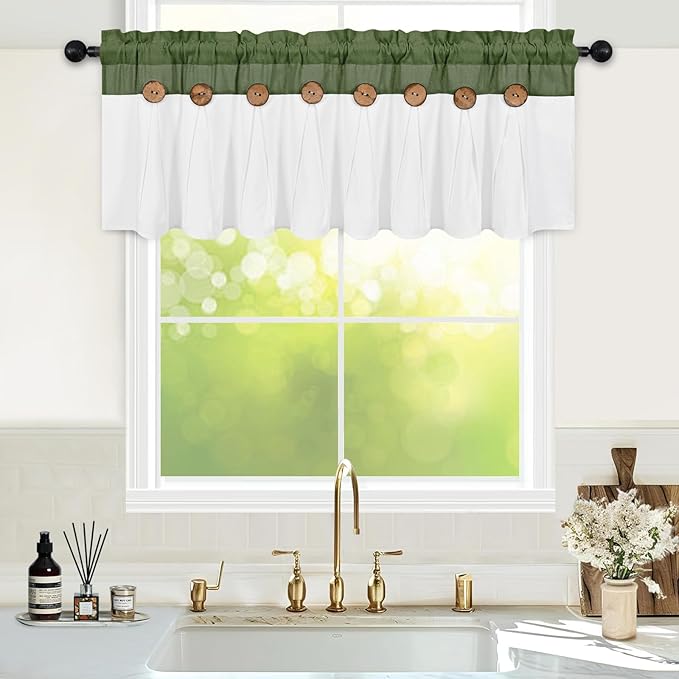 FRAMICS Farmhouse Valance Curtains, Boho Cotton Linen Kitchen Valance, Rustic Button Window Valances for Kitchen Bathroom, Rod Pocket Valances for Windows, Olive Green and White, 52 x 18 Inch