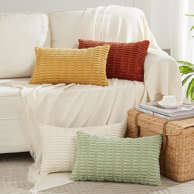 Fancy Homi 4 Packs Fall Boho Long Lumbar Decorative Throw Pillow Covers 12x24 Inch for Couch Bed Sofa, Aesthetic Modern Farmhouse Home Decor, Soft Striped Corduroy Rectangle Cushion Case 30x60 cm