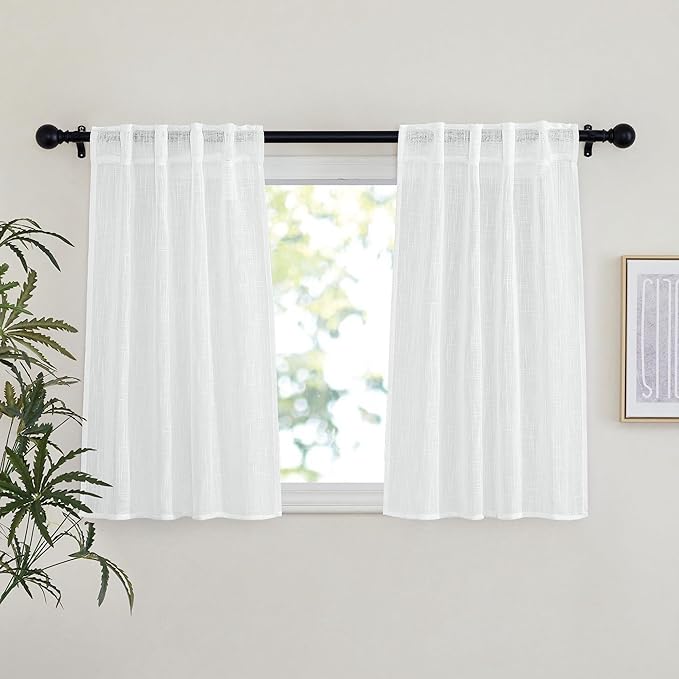 NICETOWN White Semi Sheer Kitchen Curtains 36 inch Length, Rod Pocket & Back Tab Faux Linen Blend Privacy with Light Filtering Window Drapes for Cafe, W34 x L36, 2 Panels