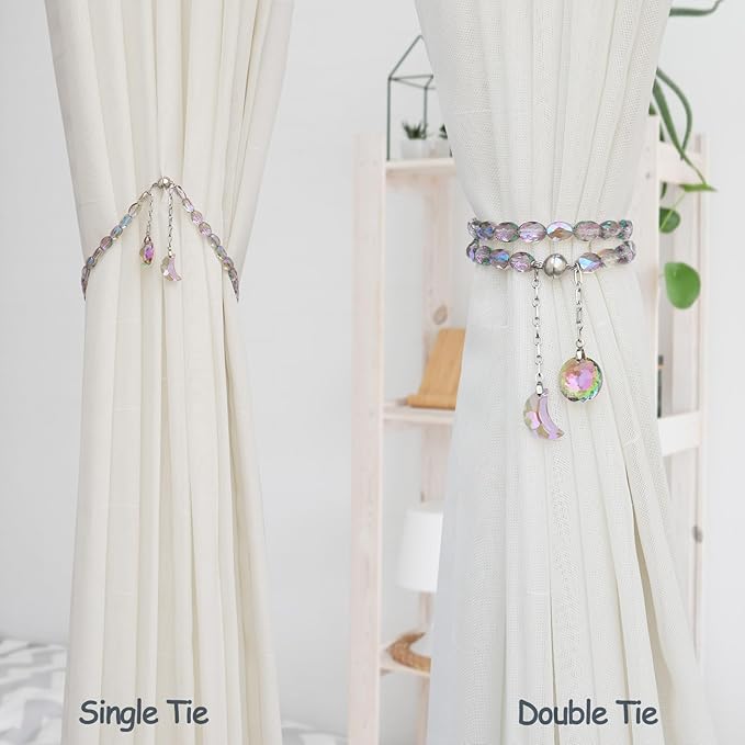 PEDOBO Magnetic Curtain Tiebacks, 2 Pack Crystal Beaded Sun & Moon Pendants Sheers/Draperies Holdbacks for Window Home Office Decor (Purple)