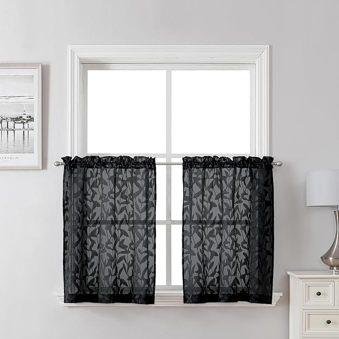 Lecloud Leia Black Kitchen Sheer Curtains 24 Inch 2 Pcs, Jacquard Leaf Textured Voile Short Curtain Tiers with Rod Pocket, Soft Airy Bathroom Bedroom Curtains for Small Windows, 28" W x 24" L