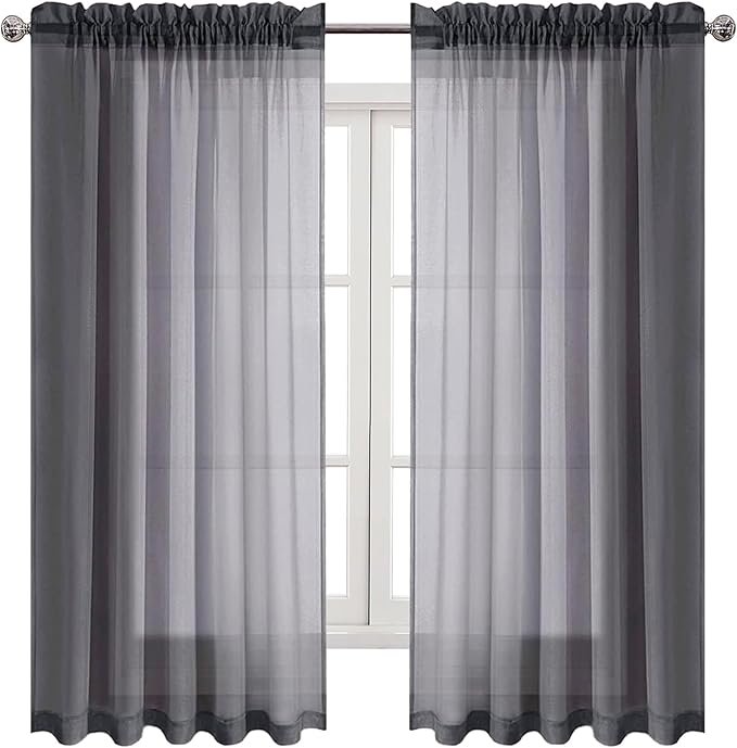 DWCN Dark Gray Sheer Curtains Semi Transparent Voile Rod Pocket Curtains for Bedroom and Living Room, 60 x 63 inches Long, Set of 2 Panels