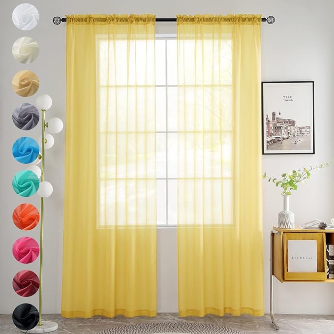 youleyar Solid Sheer Rod Pocket Curtain Voile Draperies 2 Panels White Beige Black Grey Coffee 52 Inch Width 63 Inch Long 1 Pair for Kitchen Bedroom Children Living Room Yard (Yellow,52Wｘ63L)