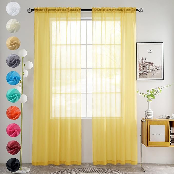 youleyar Solid Sheer Rod Pocket Curtain Voile Draperies 2 Panels White Beige Black Grey Coffee 52 Inch Width 90 Inch Long 1 Pair for Kitchen Bedroom Children Living Room Yard (Yellow,52Wｘ90L)