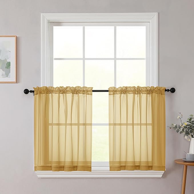 Kitchen Curtains 24 Inch Length Tier 2 Pieces, Gold Sheer Curtain Solid Soft Sheer Short Curtains for Windows, Cafe Bathroom Basement Rod Pocket Drapes, Gold, Each 42" Wx24 L Inches