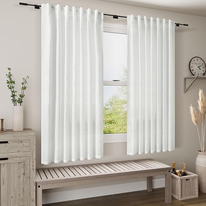 Nanspring Linen White Curtains 45 Inch Length 2 Panels for Kitchen Short Window, Semi Sheer Linen Drapes Modern Light Filtering Back Tab Rod Pocket for Cafe Bathroom 29 X 45