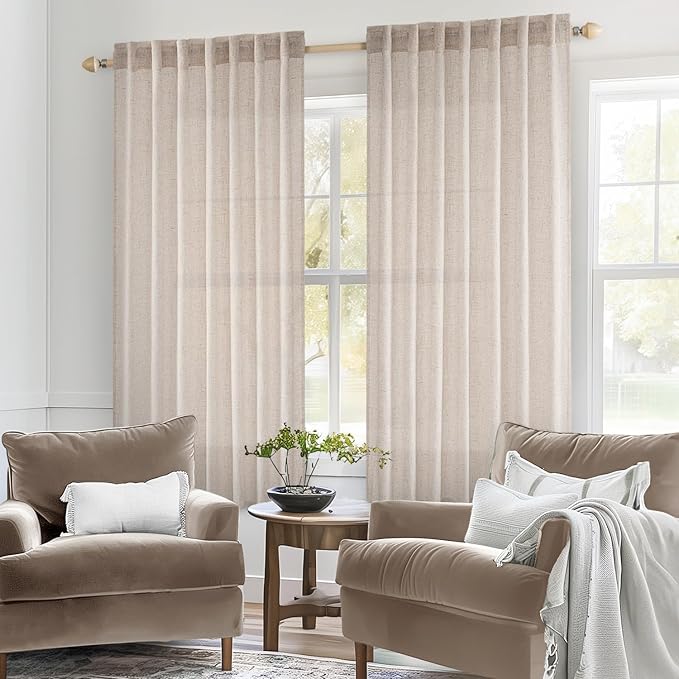 MIULEE Natural White Linen Curtains 48 Inch Length 2 Panels for Bedroom Living Room, Soft Thick Linen Textured Window Drapes Semi Sheer Light Filtering Back Tab Rod Pocket Burlap Look Decor