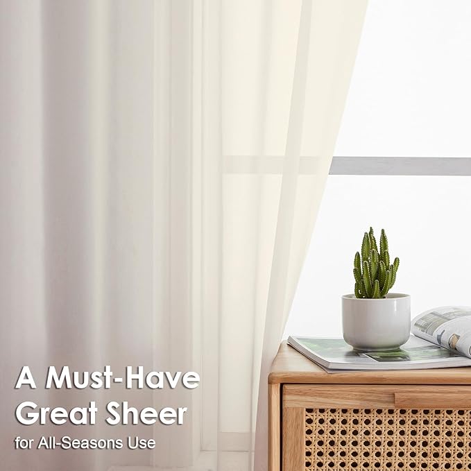 OVZME Cream Sheer Curtains 63 Inches Long 2 Panels - Soft Light Filtering Window Sheer Panels for Living Room/Bedroom, Top Dual Rod Pocket, 1 Pair, Each 42Wx63L Inches