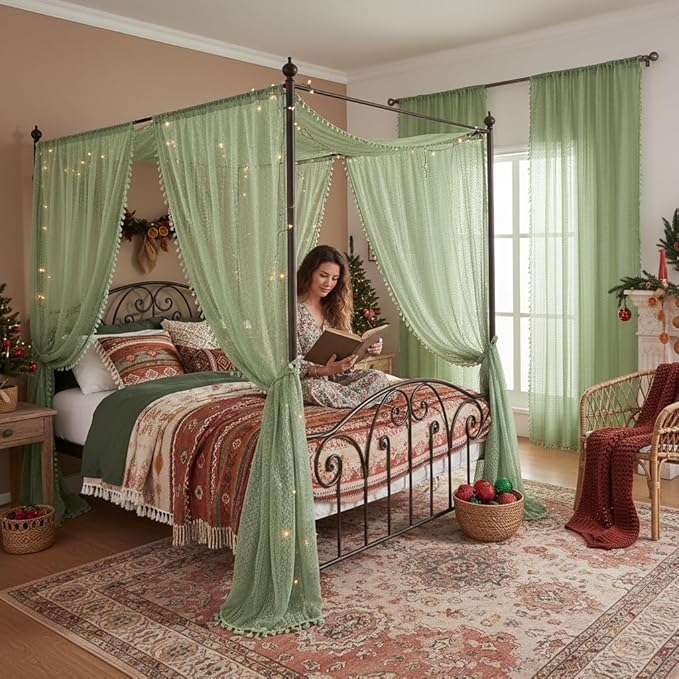 WAZZIO Boho Lace Curtains 84 Inches 2 Panel,Light Filtering Privacy Tassel & Geometry Crochet Semi Sheer Curtain Drapes for Bedroom Living Dining Room,Rod Pocket & Tassel,Grass Green