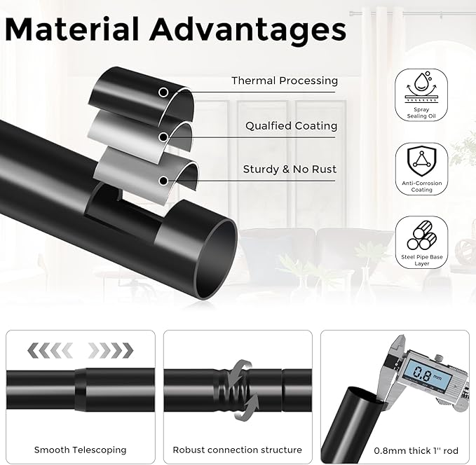 Curtain Rods for Windows 30 to 56 Inch, Black Modern 1 Inch Window Treatment Rods with Black End Cap Finials, Decorative Adjustable Heavy Duty Easy Install Drapery Rods for Bedroom Living Room