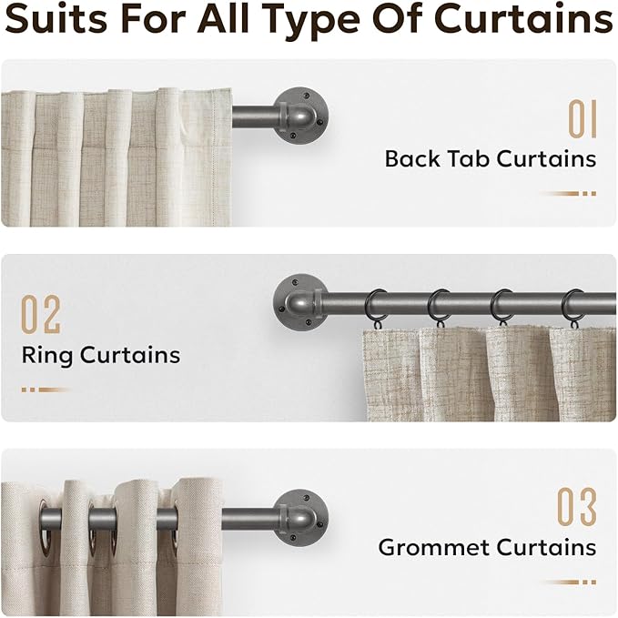 Zeerobee Curtain Rods for Windows 66 to 120, 1 Inch Industrial Wrap Around Grey Curtain Rod, Indoor/Outdoor Room Divider Adjustable Drapery Pole, 66"-120"