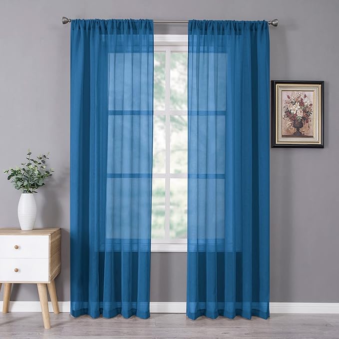Tollpiz Sheer Curtains Linen Textured Bedroom Curtain Sheers Light Filtering Rod Pocket Voile Curtains for Living Room, 54 x 84 inches Long, Classic Blue, Set of 2 Panels