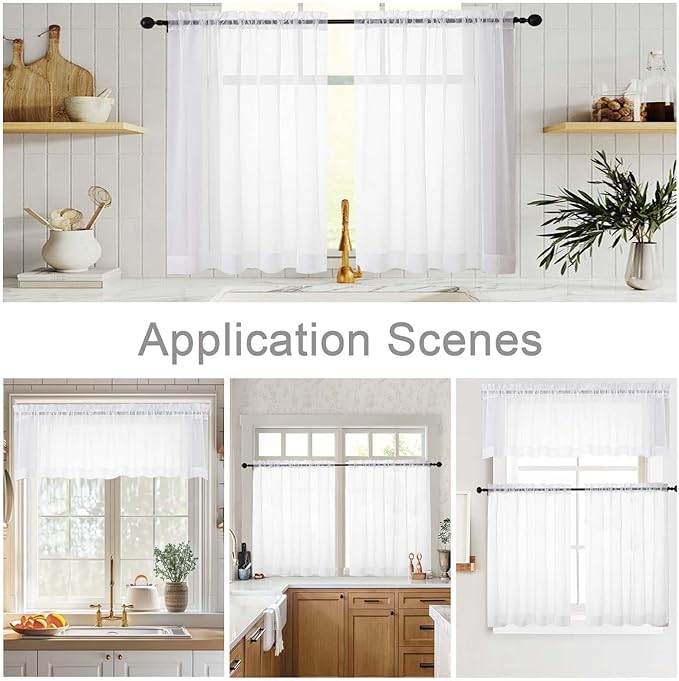 White Kitchen Curtains 30 Inch Length Tier 2 PCS, Solid Soft Airy Half Curtains for Windows, Sheer Rod Pocket Drapes for Bathroom Basement Small Window, White, 42" Wx30 L Inches