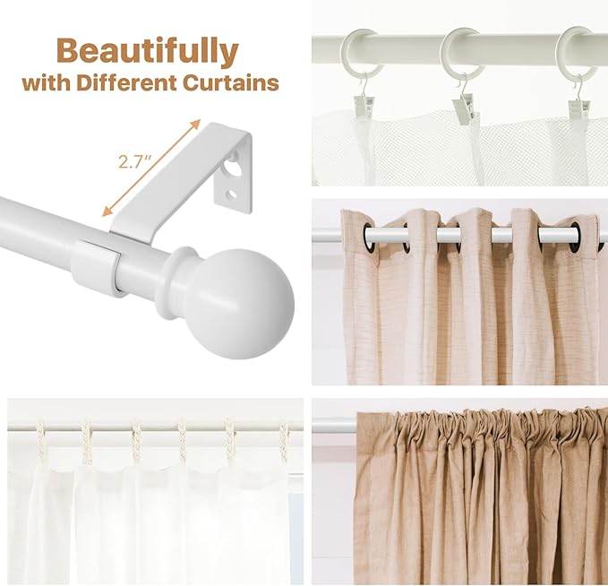 White Curtain Rods for Windows 66 to 120, Adjustable Long Drape Rod for Outdoor Patio, Sliding Glass Door, Heavy Duty 5/8 Diameter Drapery Rod Set, 10 ft Metal Curtain Pole, Easy Install - White