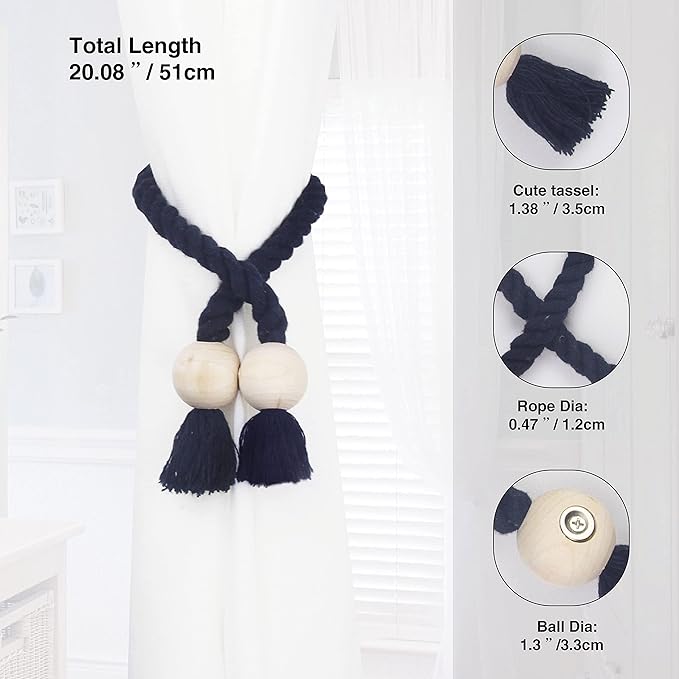 6 Pack Magnetic Curtain Tiebacks Cotton Hand Woven Tie Back Decorative Rope Holdbacks for Curtains Draperies No Tools Required, Navy