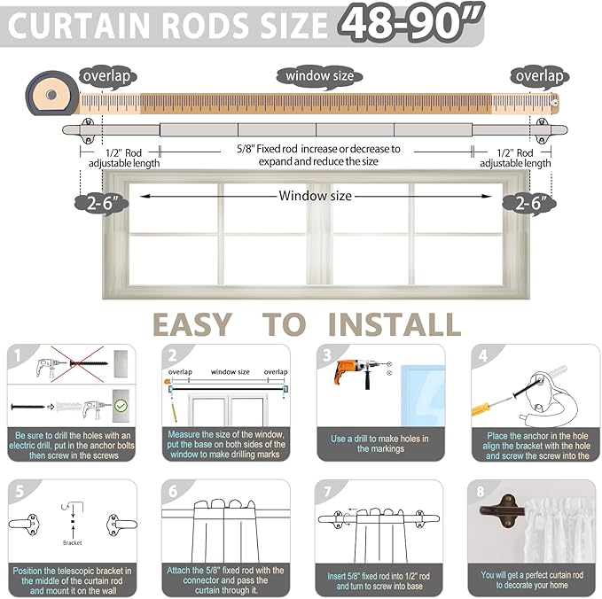 TVWOO Bronze Wrap Around Curtain Rods:5/8 Inch Blackout Adjustable Window Curtain Rod for Bedroom Kitchen Apartment Renter Friendly,Room Darkening Curved Drapery Rods Easy Install,Antique Brown 48-90"