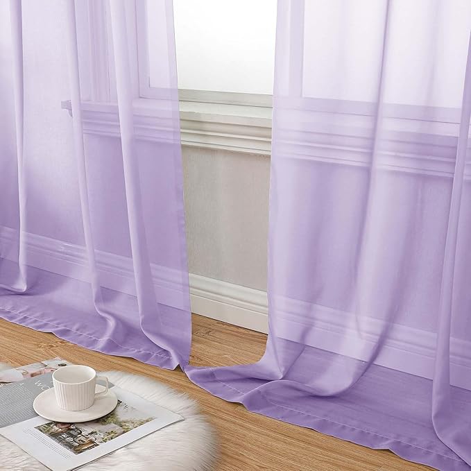 Extra Long Sheer Lavender Curtains for Bedroom Living Room 108 Inches Long 2 Panels Set, Solid Soft Light Filtering Rod Pocket Sheer Window Curtains, Lavender, Each 42" Wx108 L Inch