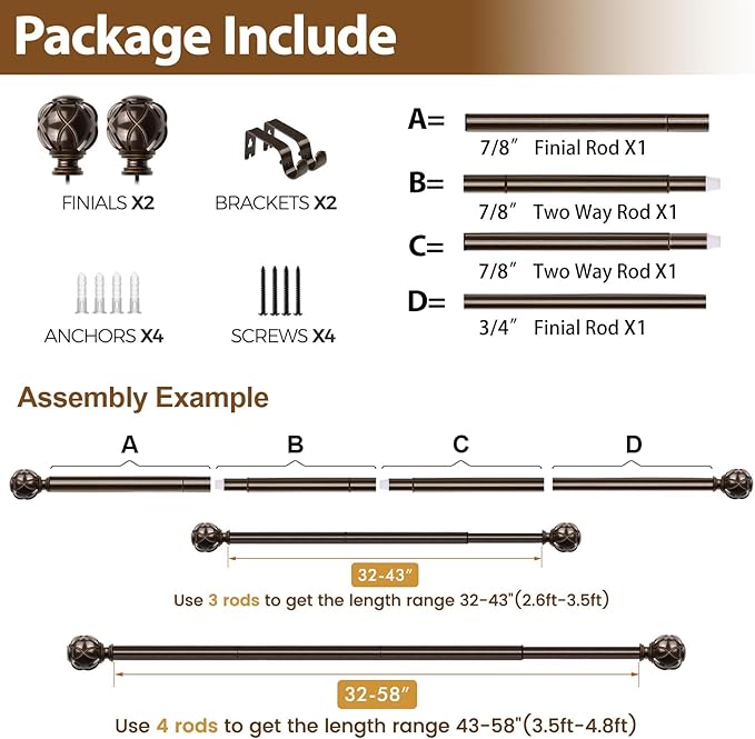 KAMANINA Single Curtain Rod 32 to 58 Inch(2.6-4.8Ft), 7/8 Inch Antique Bronze Adjustable Drapery Rod for Windows, Decorative Netted Texture End (Pack of 2)